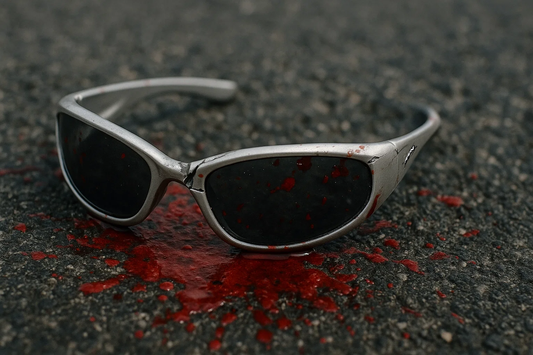 Blood-splattered silver wraparound sunglasses lying on asphalt after Kashmir 2025 tourist attack